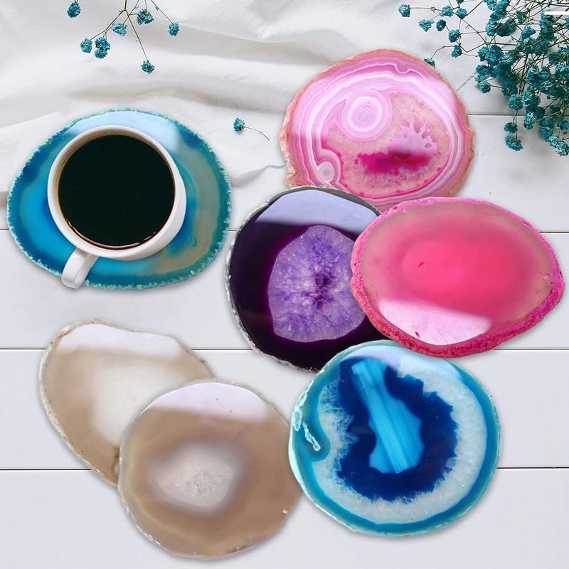 AMOYSTONE Agate Geode Coasters for Drinks Crystal Stone Table Coasters Large Set of 4 Unique Gifts Dyed Teal 3.5-4" - Image 4
